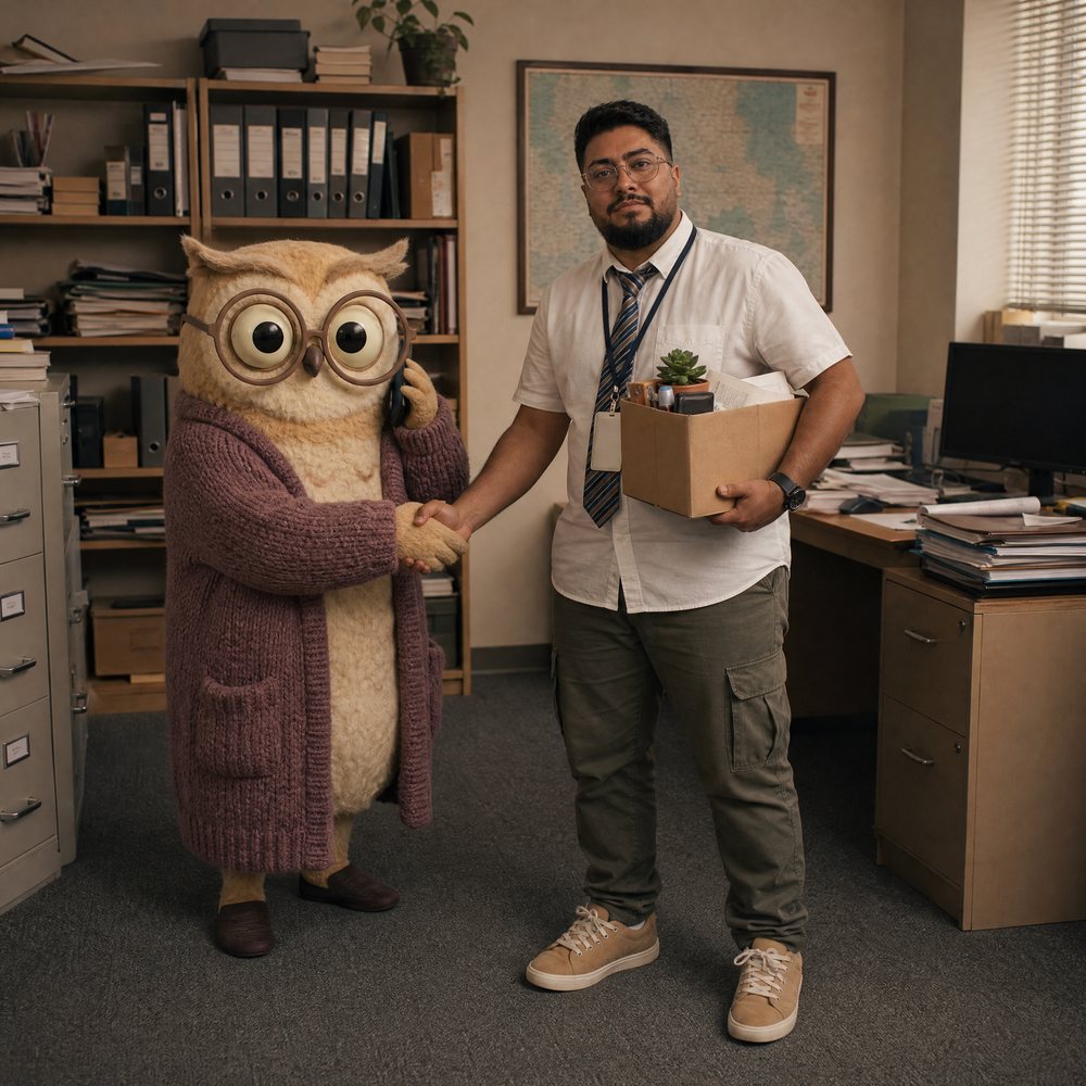 Syed on his first day, holding a box of desk stuff and shaking hands with Ms. Hoot the owl, who is still on a phone call.