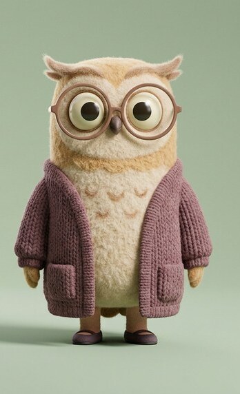 Ms. Hoot, a felt owl in round glasses and a plum knit cardigan, standing calmly.