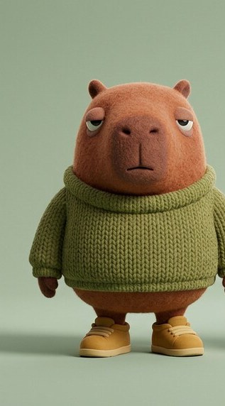 Mo, a felt capybara in a green knit sweater, standing with a tired, unimpressed face.