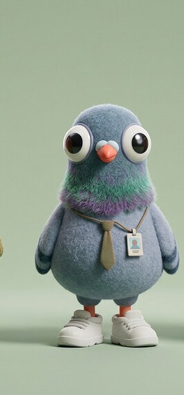 Pip, a felt pigeon in a tie and lanyard, standing with wide, eager eyes.