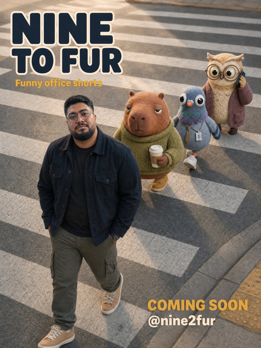 Poster for Nine to Fur: Syed in a dark jacket walks across a crosswalk while his three felt coworkers follow behind: Mo the capybara in a green knit sweater holding a coffee, Pip the pigeon wearing a tie and lanyard, and Ms. Hoot the owl in glasses taking a phone call.