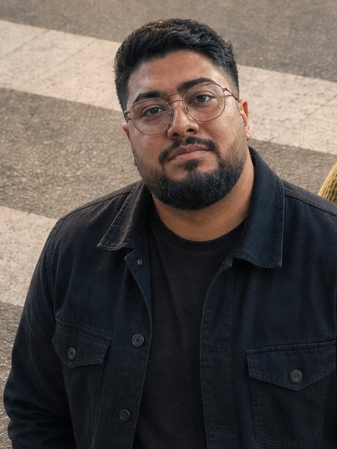 Syed, a bearded man with glasses in a dark jacket, looking up at the camera.